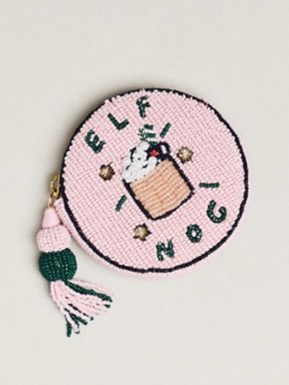 Anthropologie Beaded Round Coin Pouch with Green Tassel